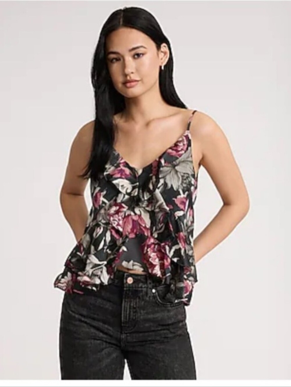 NWT Express Black Floral Ruffle Camisole Beautiful Red Pink & Cream Flowers